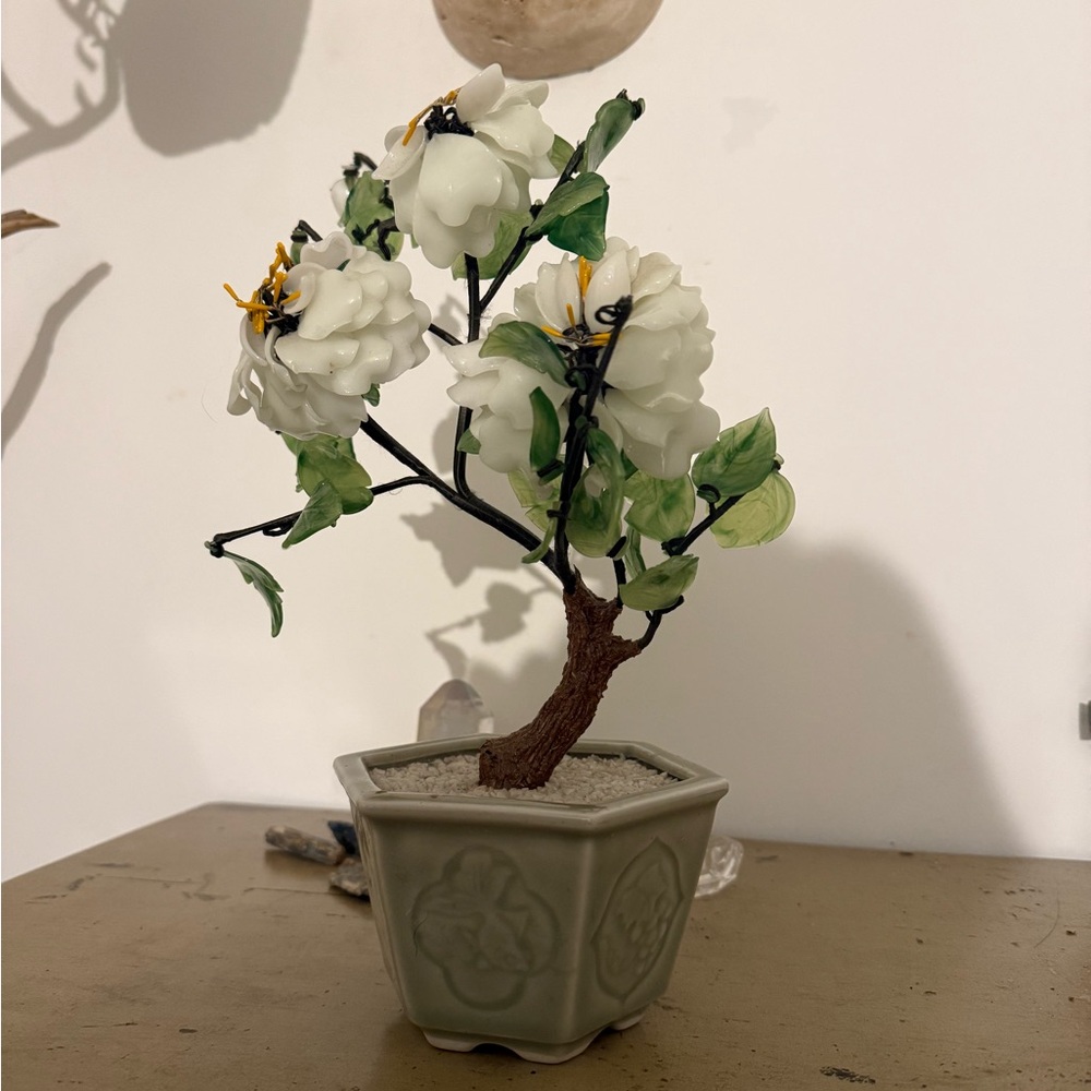 VNTG Jade Glass Bonsai Tree in Ceramic Pot White Flowers Green Leaves